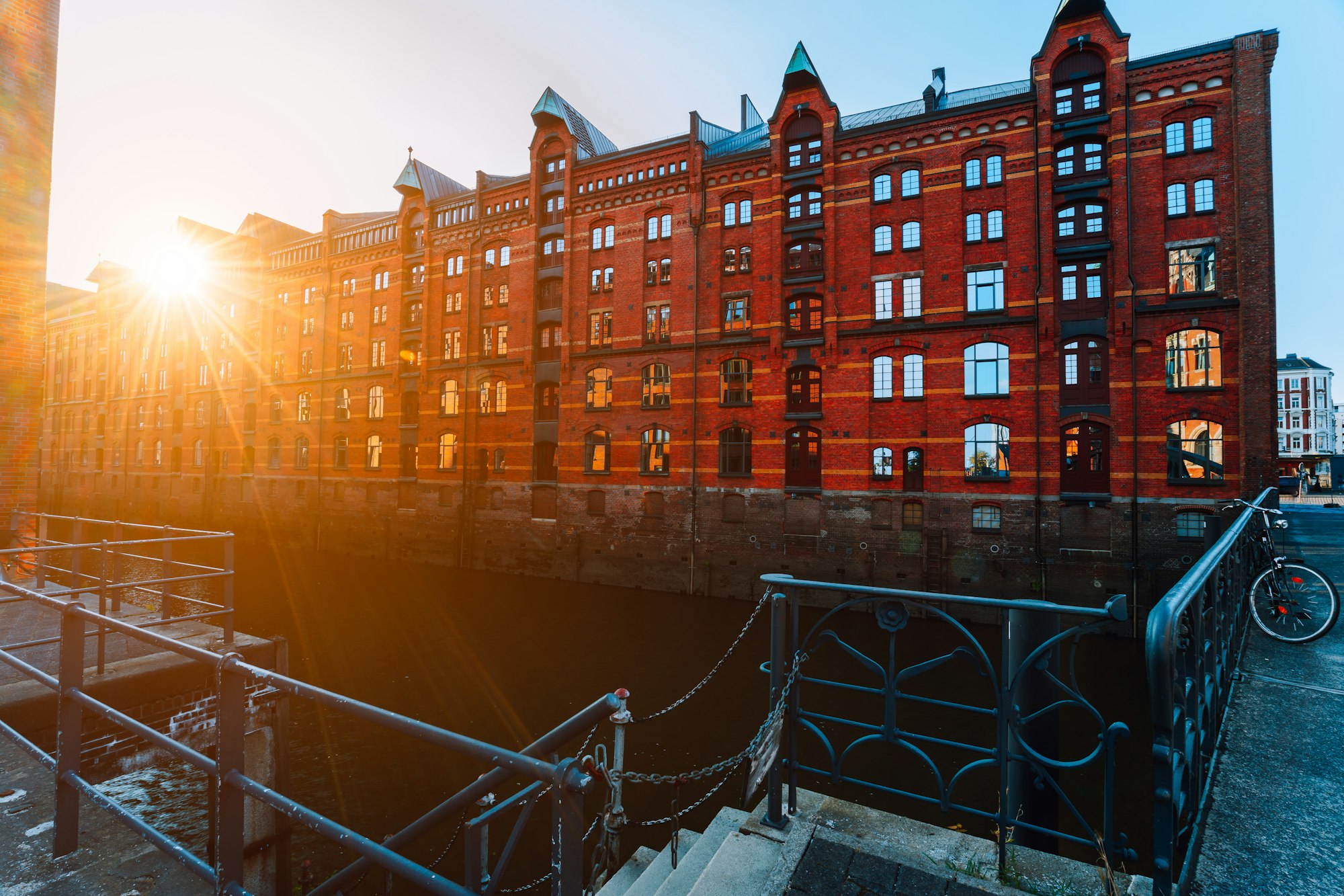 A red brick multi-storey houses of Speicherstadt Hamburg. Famous landmark of old red brick buildings